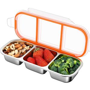 6 Pack Leakproof Stainless Steel Snack Containers with Lids, Reusable 3 Compartment Lunch Container, Stackable Snack Bento Box for Work, Travel & Picnic