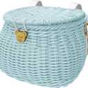 Kids Bike Basket Set, Scooter Tricycle Basket, Children's Finely Woven Backpack with Lid Shoulder Strap Front Handlebar Rattan Basket (Blue)