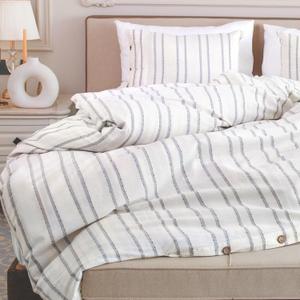 Lavien Home, 100% Cotton Duvet Cover Set, Striped with Stitch Pattern King Size, 3-Piece Linen Like and Washed Natural Turkish Cotton Bedding, Antique White (Hiera, King 104x90)
