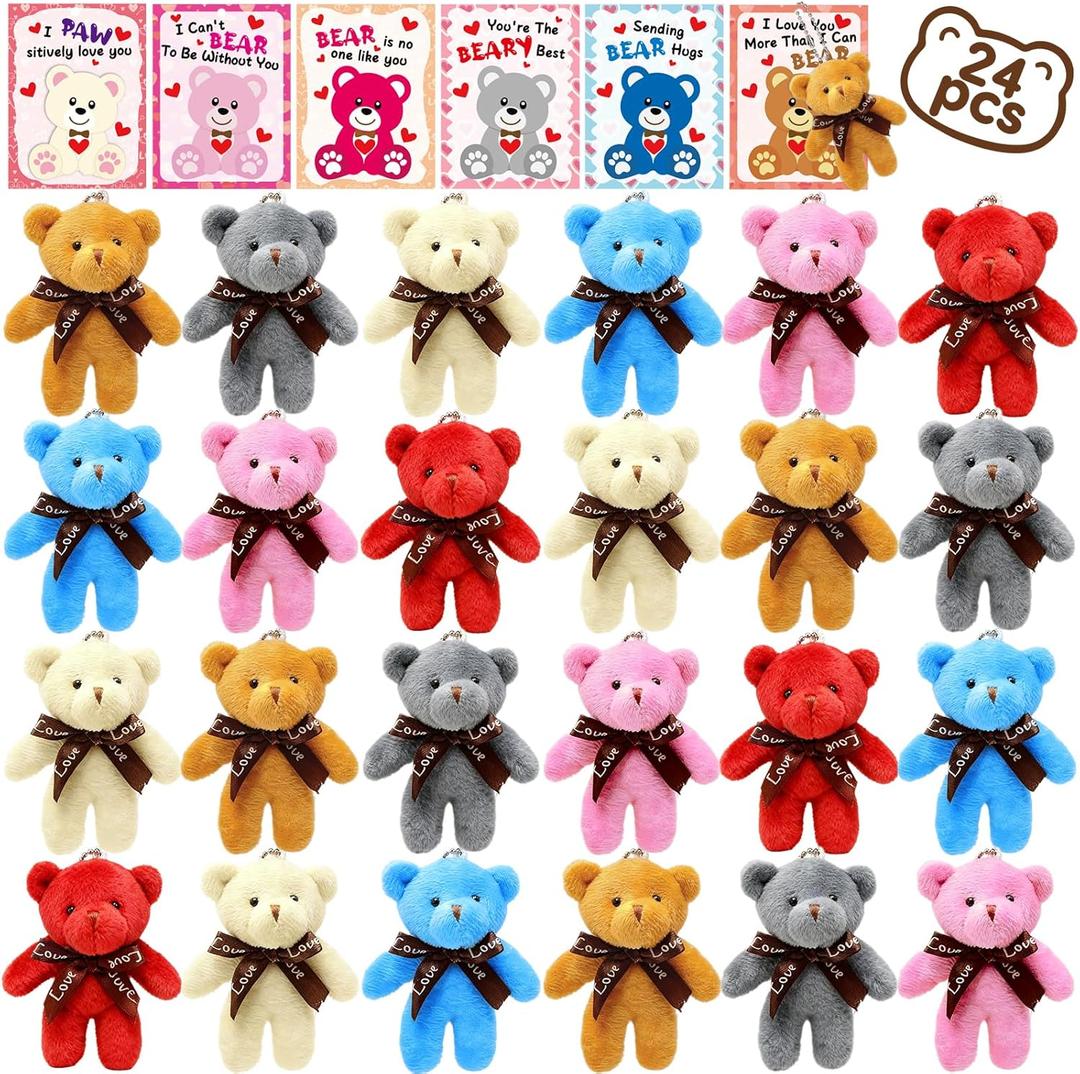 Valentines Day Gifts for Kids, 24 Pack Mini Plush Bear with Valentines Day Cards School Valentine Stuffed Animals Bulk Plush Toys Keychains Classroom Prizes Party Favor Bears Exchange Gift Boys Girls