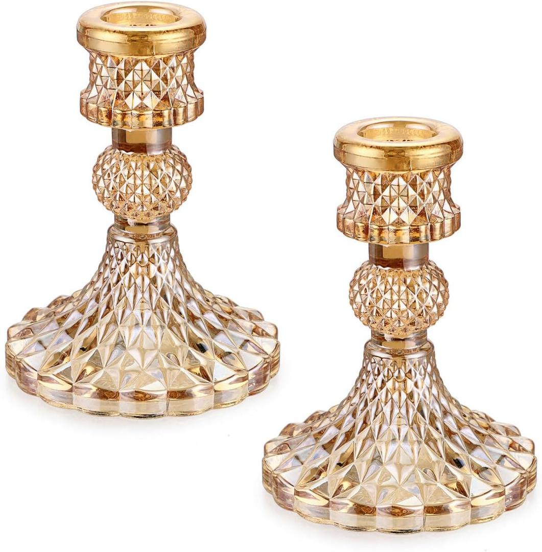 OwnMy Set of 2 Gold Glass Taper Candle Holders Decorative Glass Candlestick Holders, Modern Taper Candle Stands Candlesticks for Dining Table Centerpieces Wedding Church Decor