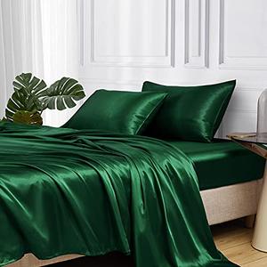 MR&HM Satin Bed Sheets, Queen Size Sheets Set, 3 Pcs Silky Bedding Set with 15 Inches Deep Pocket for Mattress (Queen, Dark Green)