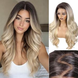 WIGER 13x6 Lace Front Wig Layered Wave Futura Fiber Wigs Curly Synthetic Pre Plucked Wavy Wig for Women Daily Party Use(Ombre 613 Blonde)