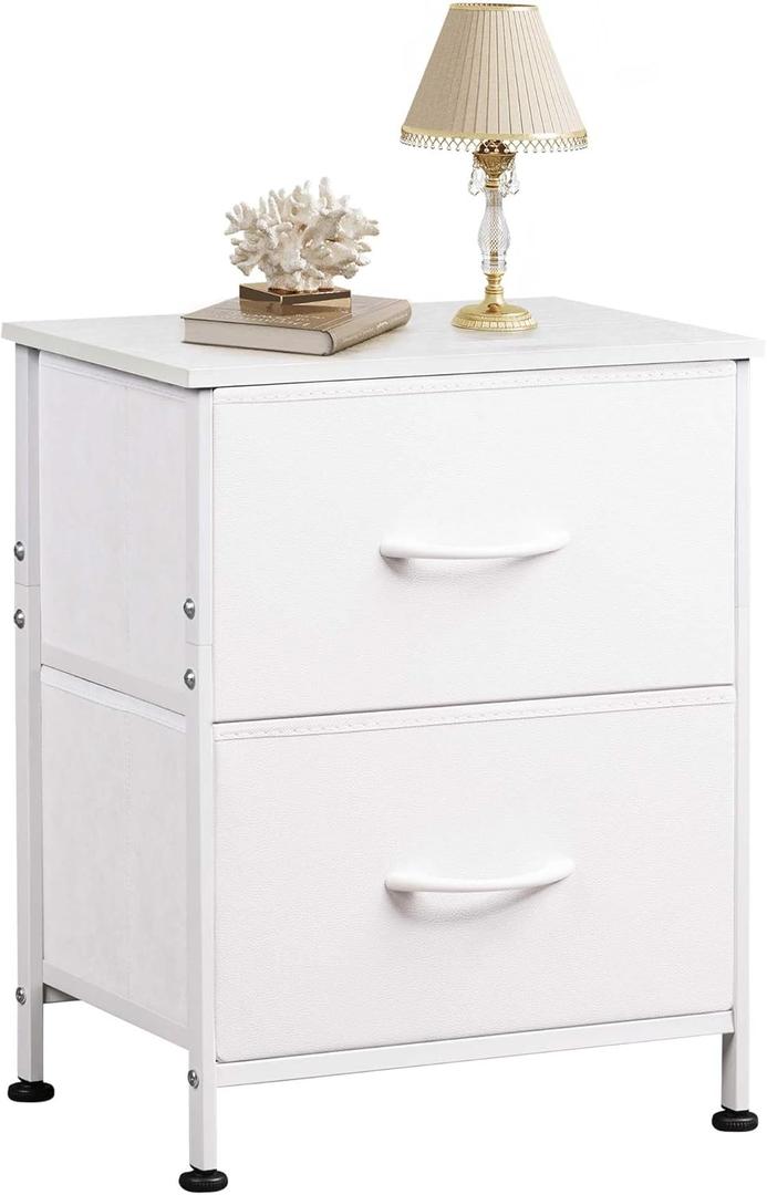 WLIVE White Night Stand, Small Dresser with 2 Drawers & Wooden Top, Nightstand with Fabric Bins, Bedside Table End Table for Bedroom, Closet, Entryway, College Dorm, White (11.8"D x 15.7"W x 20.9"H)