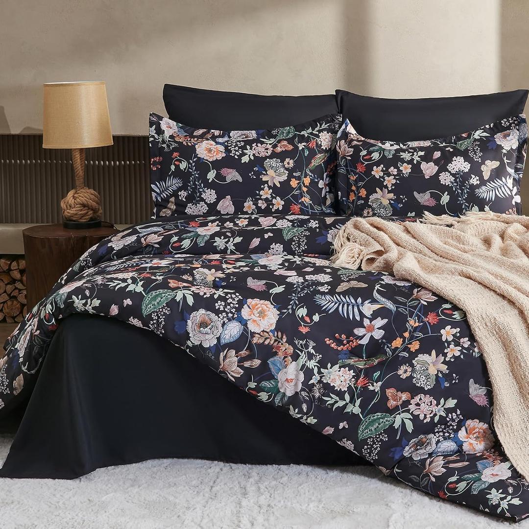 7 Piece King Comforter Set, Black Butterfly Floral Comforter Set with Flowers Leaves Pattern, Soft Microfiber Complete Bedding Set for All Season(Black, King)