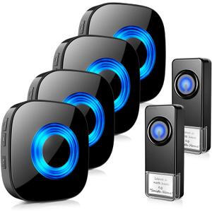 Wireless Doorbell for Home, Waterproof Door Chime Kit Operating at 1300-ft 58 Adjustable Melodies & 5 Volume Levels -PHYSEN Door Bell Wireless with LED Strobe, 2 Push Buttons + 4 Plug in Receivers (Black)