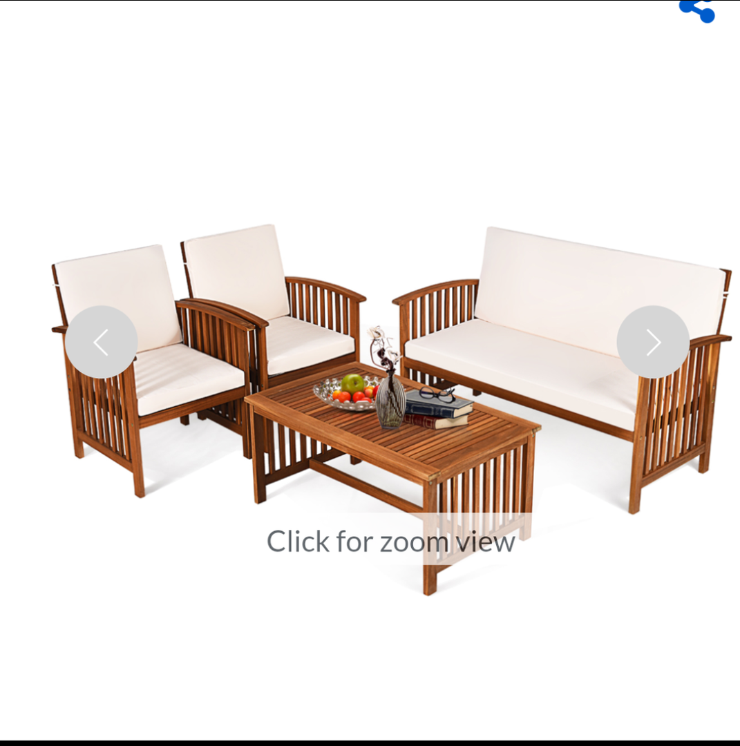 4PCS Patio Solid Wood Furniture Set Conversation Coffee Table W/White Cushion 53'' x 27'' x 34.5''