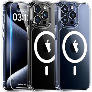 TAURI for iPhone 15 Pro Case, Compatible with MagSafe with Screen Protector, Anti-Yellowing Military-Grade Protection Shockproof Slim Magnetic Case for 15 Pro, Clear