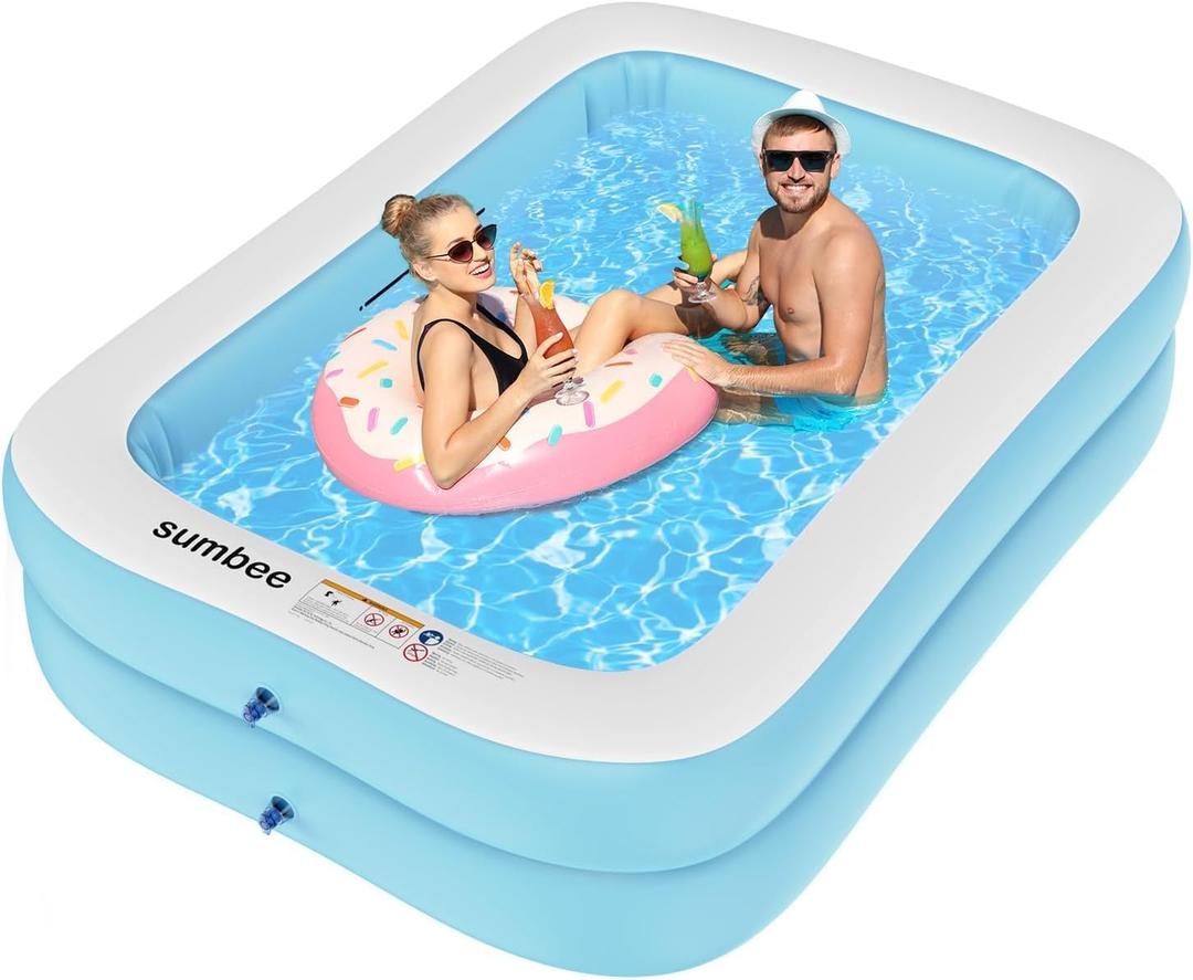 Sumbee Inflatable Swimming Kiddie Pool for Adults Kids Ages 4-8-12, Size 79" x 59" x 20" Rectangle Blow Up Family Pool for Children Backyard Outdoor Garden Summer Water Party Full-Sized Light Blue