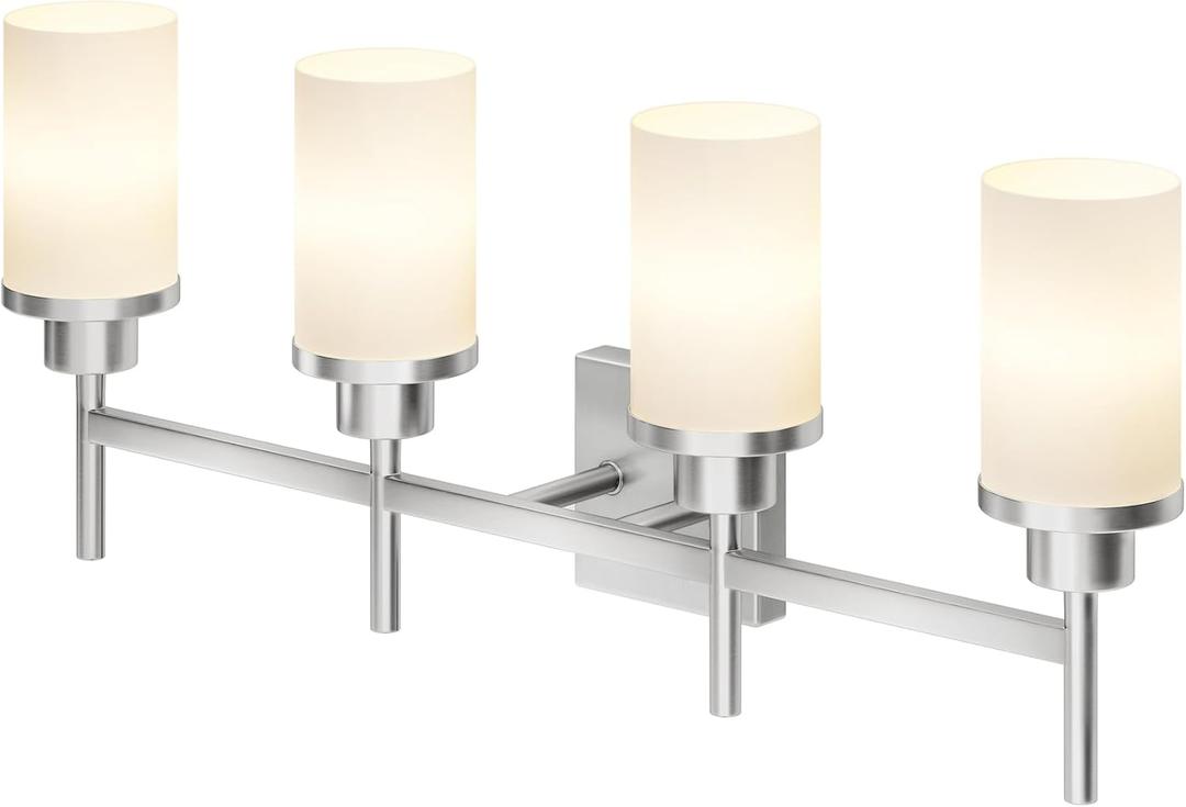 4-Light Vanity Lighting Fixtures with White Frosted Glass Shade, Brushed Nickel Bathroom Wall Lamps Over Mirror for Bath Restroom Kitchen T001BR-L4