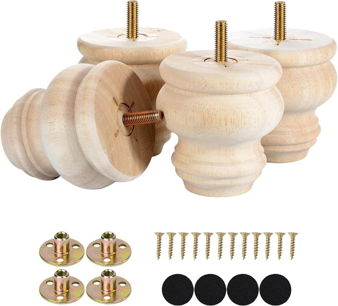 Michanco 3 Inch Unfinished Bun Feet Set of 4 Wood Furniture Legs Replacement Wooden Legs for Sofa Couch Cabinet Ottoman