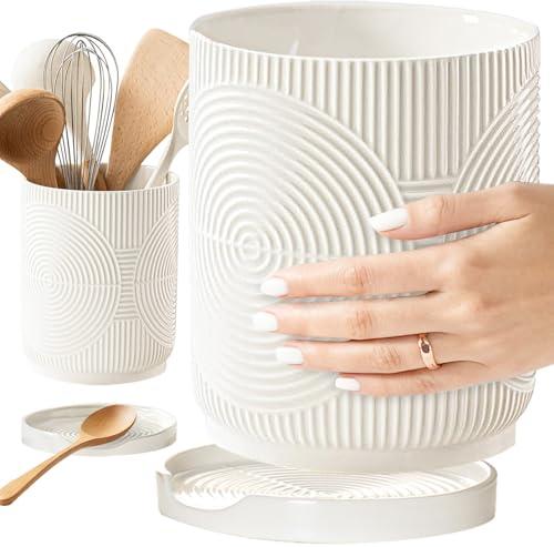 Swkien Utensil Holder, 7.2" Kitchen Utensil Holder for Counter, 2-in-1 Ceramic Cooking Utensils Holders with Spoon Rest, Utensil Crock for Spatula, Ideal Housewarming Gift (White)