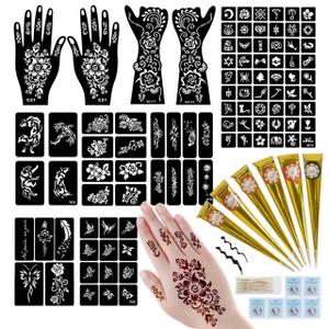 95 PCS Temporary Tattoos Stencils Kit,Temporary Tattoos Kit - 6 Pcs 3 Color(black*1,brown*4 & Red*1) Ink with 6 removal wipes,10 disposable cotton swabs DIY Body Art Painting for Women Men Adults