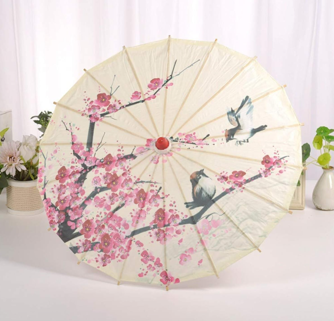 Juesi Bamboo Umbrella Chinese Japanese Parasol, Wooden Silk Cloth Collection Paper Parasol for Walks, Performance, Stage Shows, Photography,Art Craft Project, Flower Pattern, Oriental, Decor Use Only