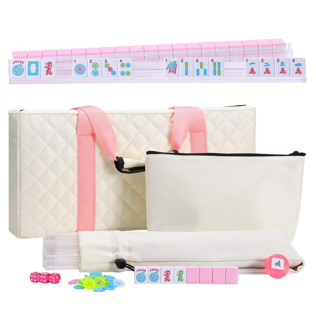 Majolicia American Mahjong Set, 166 Pink Tiles with Cream Bag, Accessories, 4 Mahjong Racks, Mahjong Tile Set for Beginner