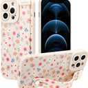 Case for iPhone 12 Pro Silicone Phone Case with Strap for Women Girls Cute Floral Flowers Pattern, Adjustable Soft Finger Strap Kickstand Protective Cover, Floral