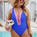 Plus Size Swimsuit for Women Tummy Control Bathing Suits Full Coverage Swimsuits Color Block One Piece Swim Suit (Blue, XXXL)