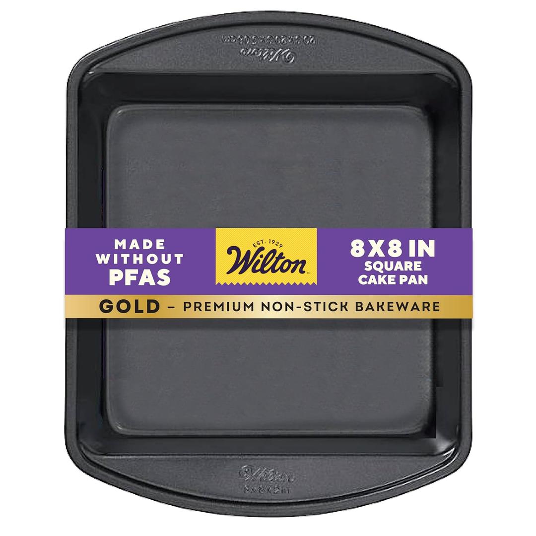 Wilton Gold Non-Stick 8 x 8 Inch Square Brownie Cake Pan, Stainless Steel Bakeware, Made without PFAS, Packaging May Vary