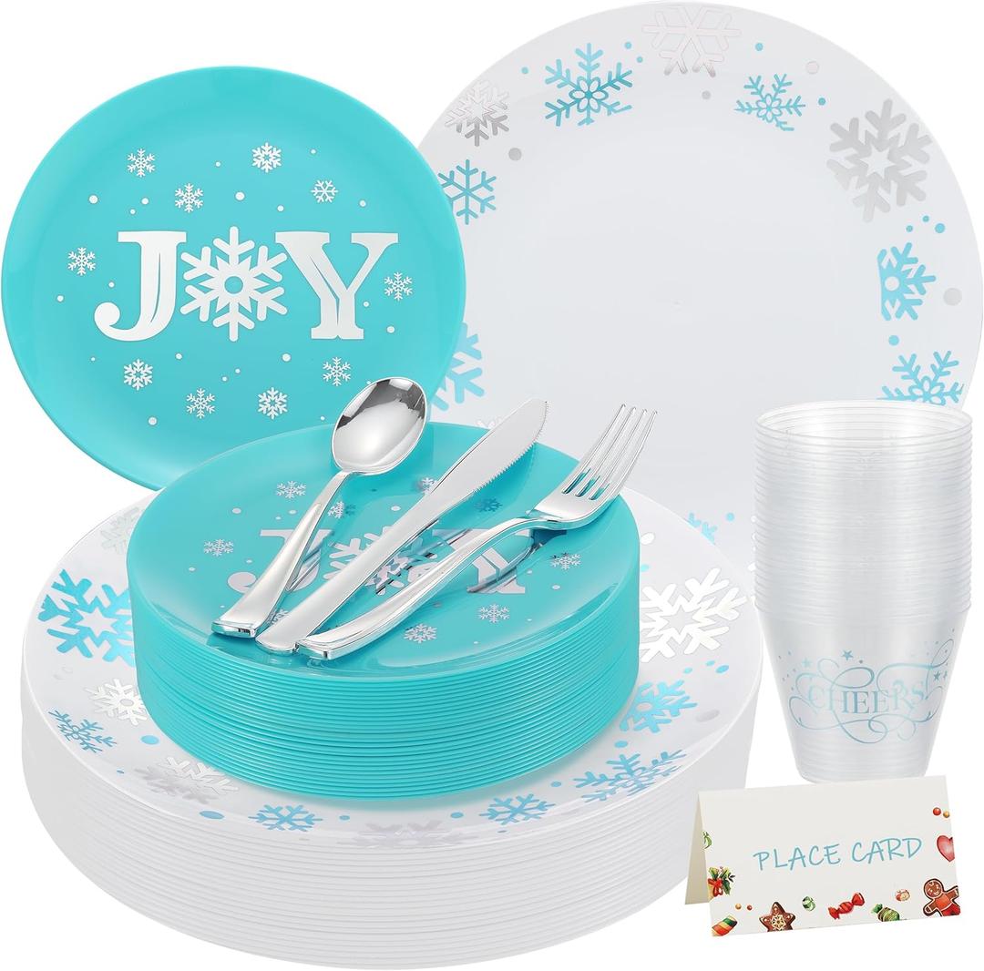 175pcs Christmas Dinnerware Set Disposable for 25 Guests, Blue and White Christmas Plates Includes 25 Dinner Plates, 25 Blue Snowflake Dessert Plates, 75 Silverware Set, Cups and Place Cards