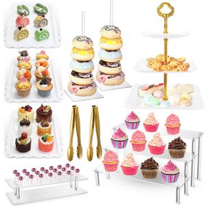 FillTouch 10 Pcs Dessert Table Display Set Including Cupcake Stand Holder Tier Tower, Serving Tray Combo, 21 Holes Lollipop Display Stand, Donut Bagel Stand, 3 Tier Large Shelf Risers, Food Clip
