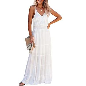 PRETTYGARDEN Women's Casual Summer Dress Spaghetti Strap Sleeveless High Waist Beach Long Maxi Sun Dresses (White,Small)