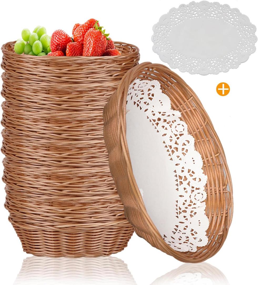 Yimerlen 12 Pcs Oval Small Plastic Bread Basket, Wicker Basket for Serving 2.36x9x6.4 Inch Woven Food Storage Basket, Fruit Basket, Gift Basket (Comes with Food Blotting Sheets) Brown
