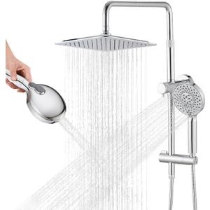 10 Inch High Pressure Rainfall Shower Head with Handheld Combo, 9 Setting Handheld Shower Head, Adjustable Height Shower Extension Arm and Slide Bar for Easy Reach - Chrome
