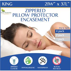 Waterproof King Pillow Protectors (Set of 4) Zippered Allergy Pillow Cover Dust Proof Encasement