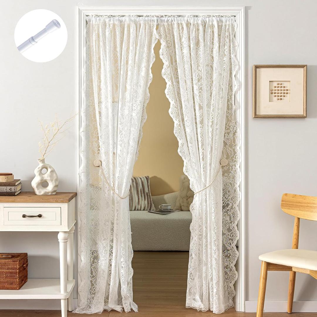 UNISTAR Lace Sheer Door Curtains with Rod, Luxury Vintage Floral Lace Curtains for Livng Room Room Divider Closet Rod Pocket 55 W x 80 L Inch,White (2 Panels+Rod)