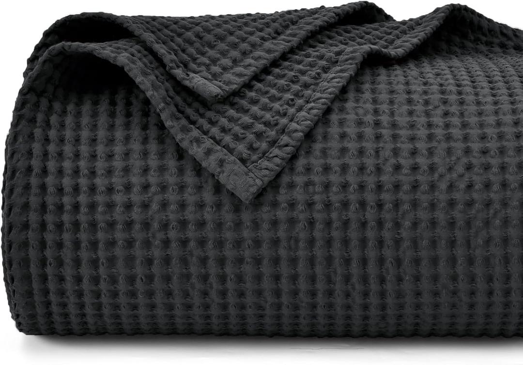 PHF 100% Cotton Waffle Weave Black Blanket King Size 104" x 90" - Lightweight Washed Soft Breathable for All Season - Perfect Layer for Couch Bed Sofa - Elegant Home Decoration Gift