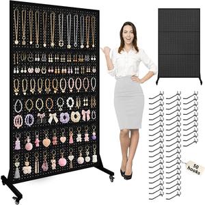 Royxen 3.6 x 6 Feet Metal Pegboard with 50 Hooks, Large Standing Pegboard Display with T-Base, Peg Board Display Stand with Wheels, Art Display Stand for Retail Stores Exhibitions Homes (Black)