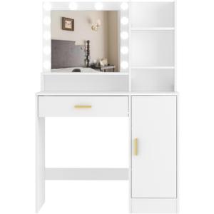 Vanity Desk, Vanity Mirror with Lights and Table Set with 1 Big Drawers, 1 Cabinet & 4 Shelves Makeup Vanity Set 3 Lighting Modes Brightness Adjustable Dressing Table (White)