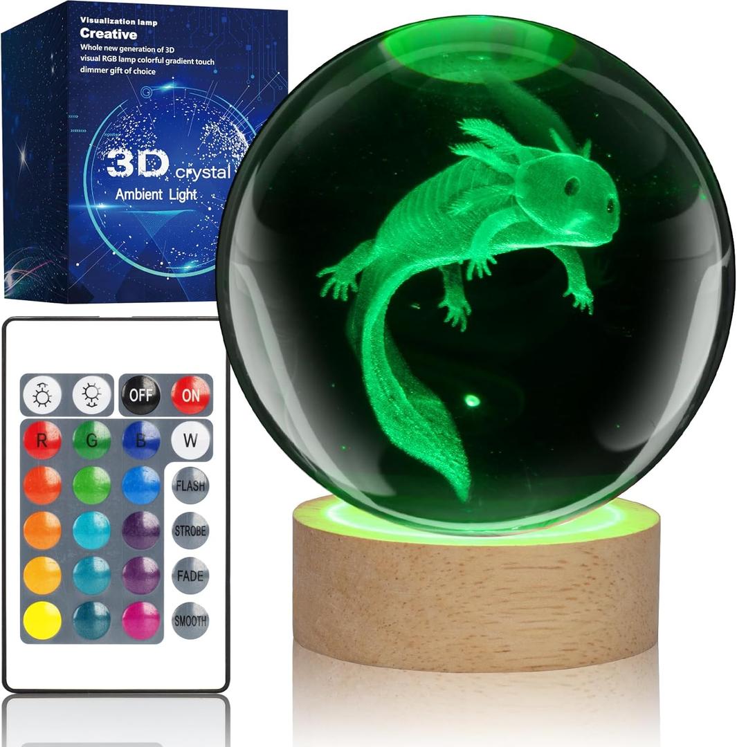 3D Axolotl Crystal Ball Night Light with 16 Color LED Wooden Base with Remote Control3.15 Inch Axolotl Glass BallCool Desk Decor Gifts for Kids Girls Boys Friends Fans (Axolotl)