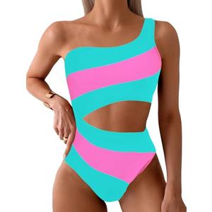 Leoparts Women's Color Block One Piece Swimsuits Monokini One Shoulder Cutout High Cut Bathing Suits Beachwear M