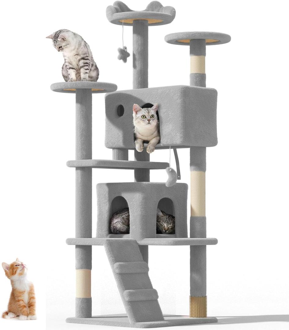 60'' Cat tree Tower for Indoor Cats Large Adult,Cute/Tall Modern Cat Tree for Big Cats 20 lbs,Plush Multi-Level Cat Condo with Scratching Posts,Dangling Ball for fun play (Light Gray, 60 inch)