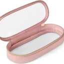 Soimeat Clear Travel Makeup Brush Holder, Leather Makeup Brush Toiletry Bag, Portable Cosmetic Brush Case, Transparent Waterproof Makeup Brush Storage Bag, Pink, Large