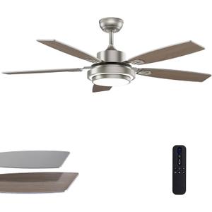 52 Inch Nickel Ceiling Fans with Lights and Remote Control for Bedroom, Modern Ceiling Fan with Quiet Reversible DC Motor, 3CCT, Dimmable, LED for Living Room, Patio, Indoor and Outdoor