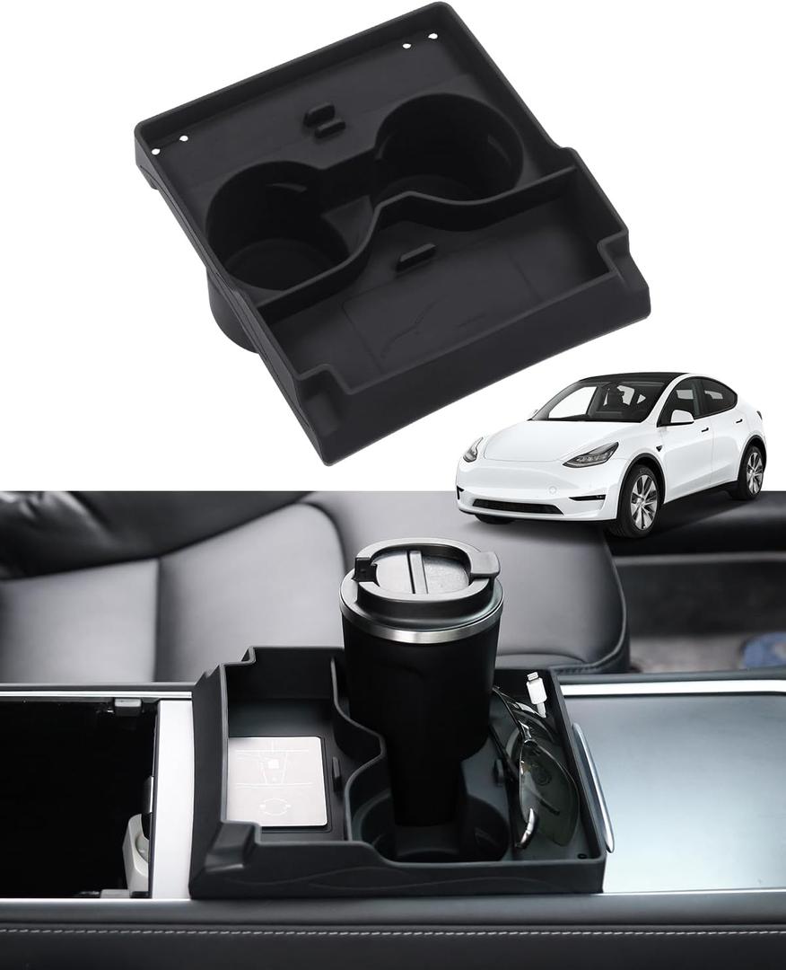 2 in 1 Cup Holder Insert for Tesla Model Y/Model 3 Accessories 2021-2024 2025 Center Console Organizer Silicone Material with Sunglasses Holder&USB Hub Black