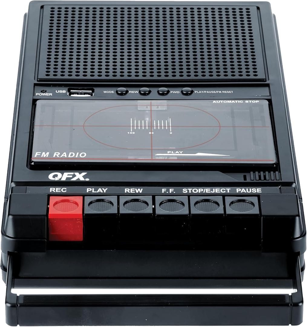 QFX RETRO-39 Portable Shoebox Cassette Tape Recorder USB to Cassette Recording, Built-in Microphone, 3.5" Bluetooth Speaker, FM Radio, MP3 Playback, Line-in/Out, AC/Battery Powered
