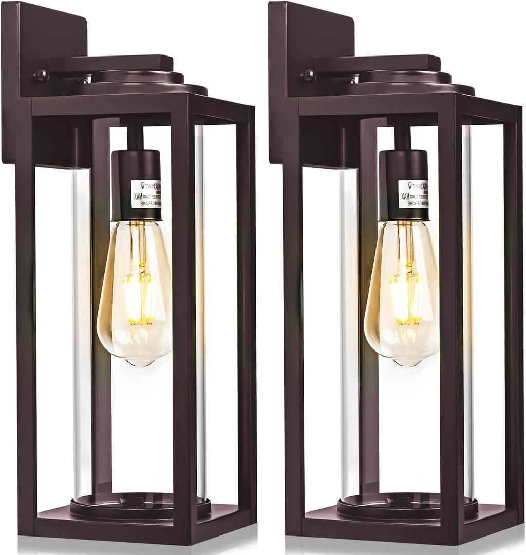 20inch Large Outdoor Wall Lights 2 Packs - Oil Rubbed Bronze Exterior Light Fixture with Clear Glass Shade, Waterproof Porch Lighting for House, Farmhouse Sconces Lantern for Front Door, Garage, Sensor-Free-20inch