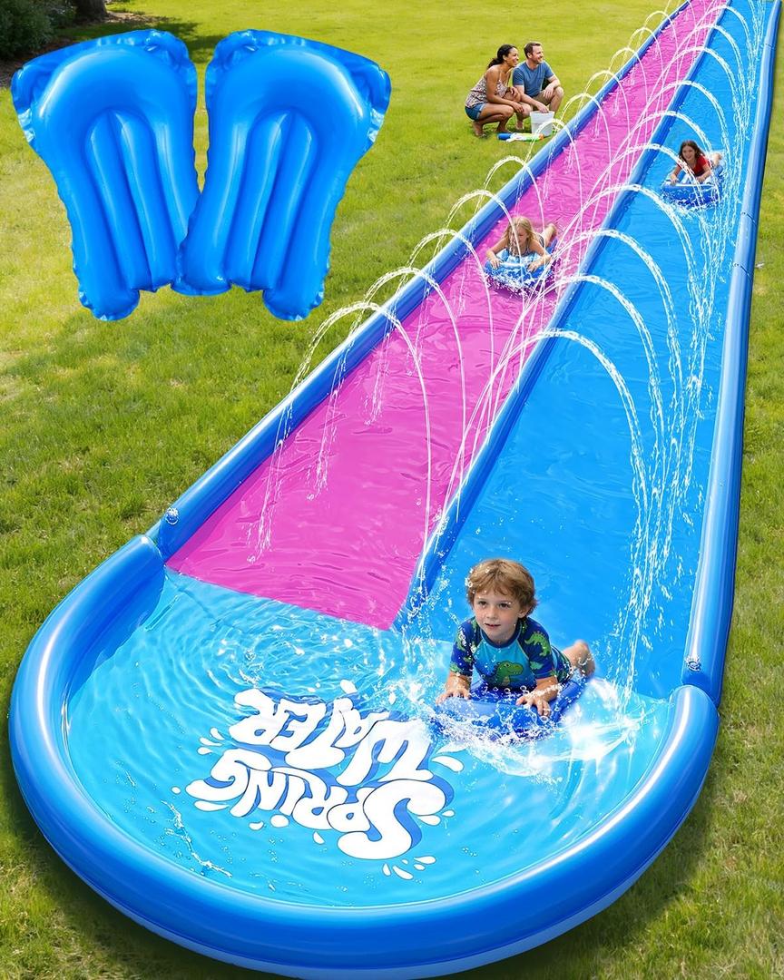 Spring Water 32ft Inflatable Slip and Water Slide for Kids, 2 Racing Lane Giant Slip n Water Slides for Backyard Heavy Duty with 2 Bodyboards, Outdoor Summer Water Toys Funs Sprinkler