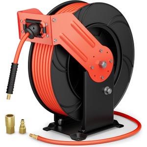 Air Hose Reel, 3/8 In X 65 ft Retractable Air Hose Reel, Double Arm & Auto Rewind Air Compressor Hose Reel Heavy Duty Air Tool Hose Reels with 6 ft Lead In Max 300PSI for Ceiling/Wall Mounts
