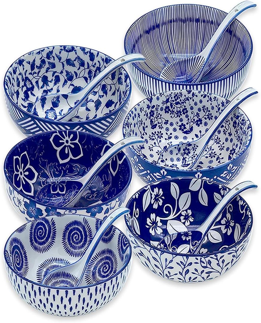 Japanese Ceramic Bowls Set of 6, 28 Oz Large Asian Porcalain Ramen Soup Salad Cereal Noodle Bowl with 6 Spoons, Deep Bowl for Kitchen Decor and Housewarming Gift, Dishwasher & Microwave Safe