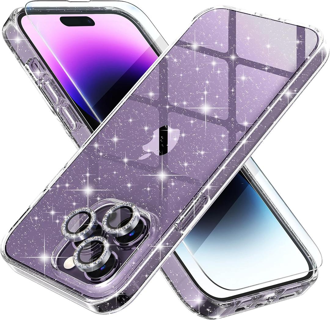 Choiche Compatible for iPhone 14 Pro Max Case Cute, Women Clear Glitter Bling Sparkly Case, [3 x Diamond Camera Lens Protectors] [2 x Tempered Glass Screen Protectors] 6.7-inch (Glitter Clear)