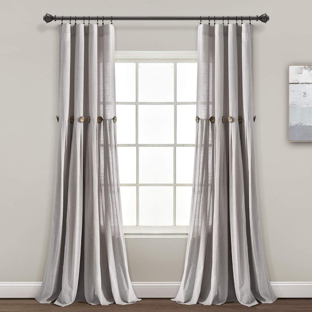Lush Decor Linen Button Window Curtain Panel, Single, 40" W x 84" L, Grey - Country Curtains - Rustic Decor - Color Block Modern Farmhouse Curtains For Living Room, Bedroom & Dining Room
