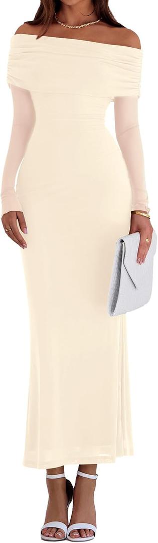 PRETTYGARDEN Fall Dresses for Women 2025 Elegant Off The Shoulder Long Sleeve Formal Wedding Guest Bodycon Maxi Dress (Beige,Large)