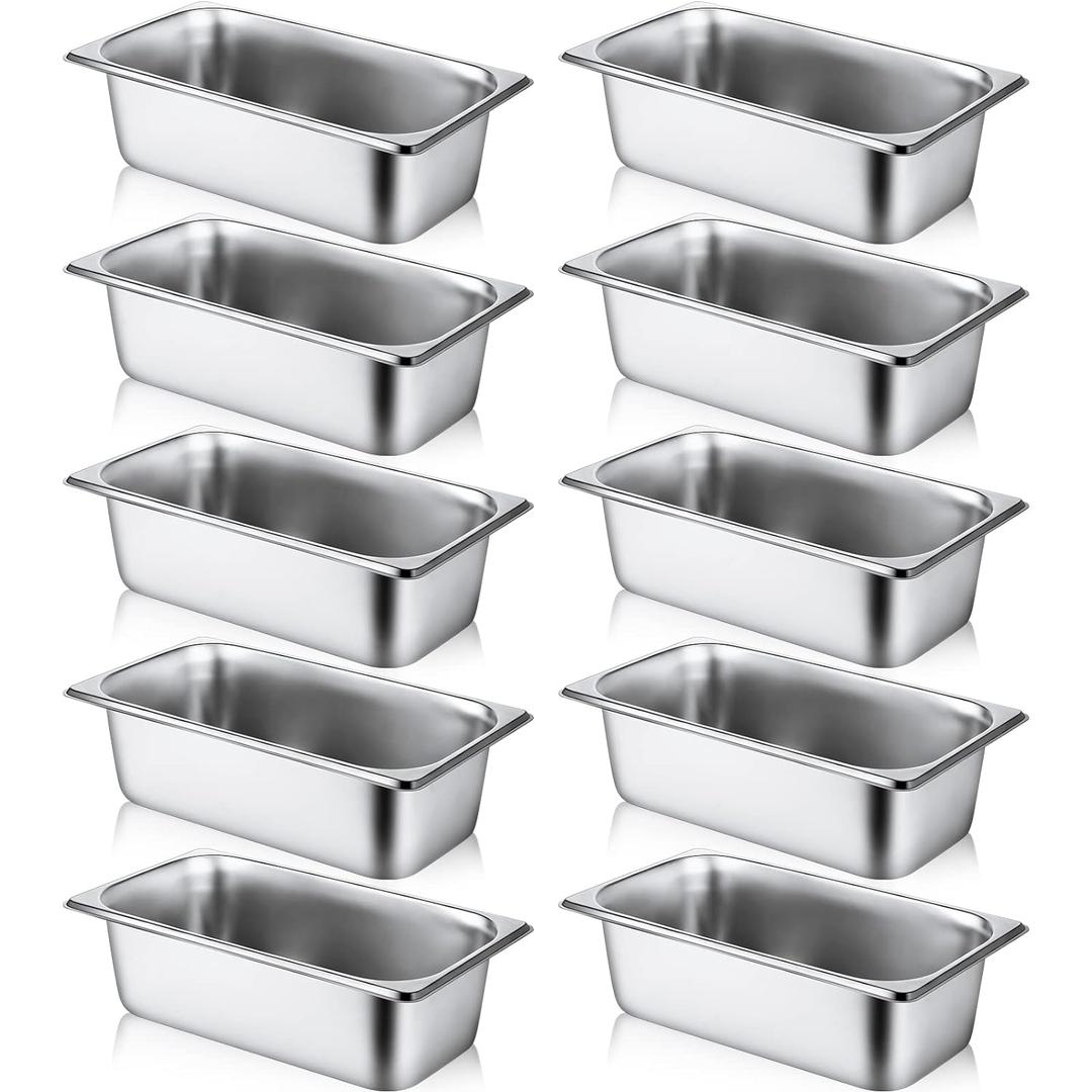 10 Pack Hotel Pans Stainless Steel Steam Table Pan 1/3 Size, 0.8 mm Thick Anti Jam Warming Pans for Food Warmer Restaurant Catering Supplies, 12.8 x 6.9 Inch(4 Inch Deep,Standard) (4 Inch Deep, Standard)