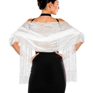 Jeffdad Women's Floral Lace Scarf Shawl wif Tassels for Women's Evening Dress Evening Party Mesh Wedding Shawls (White B)