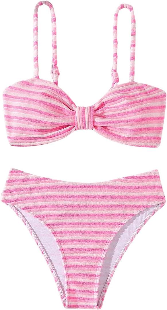 SOLY HUX Women's Bikini Sets Striped Bowknot Bathing Suits Spaghetti Strap Two Piece Swimsuit Smal