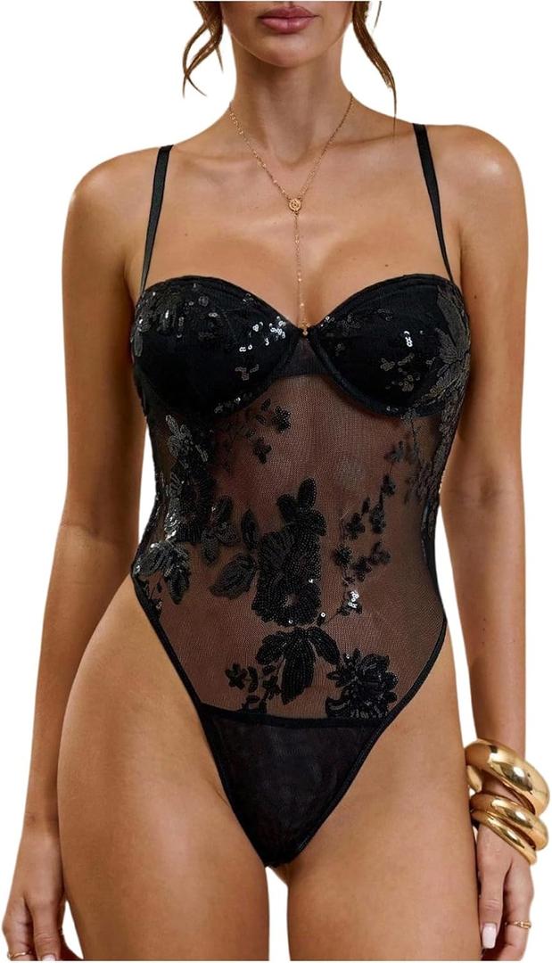 MakeMeChic Women's Sequin Mesh Bodysuit Party Sparkly Glitter Sleeveless Cami Leotard Tops (Medium, Black)